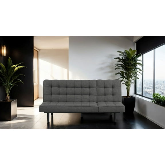 Dark Gray Futon Sofa Biscuit Tufting Seat Back 1pc Sofa Adjustable Headrest Converts to Chaise Couch