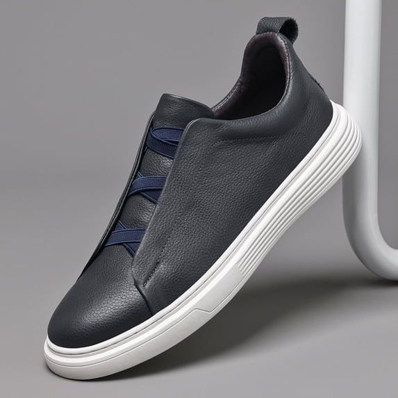 Dark Gray Genuine Leather Slip-On Navy Elastic Band Platform Casual Shoes