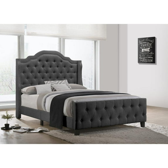 Dark Gray Linen Fabric Panel Bed with Tufted Headboard and Footboard in Full