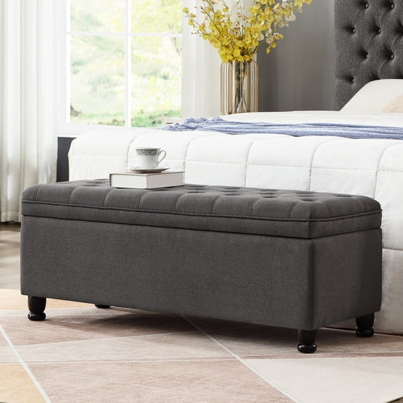 Dark Gray Linen Storage Bench - Sturdy Solid Wood Frame - Bedroom - Provide Stable Resting Place