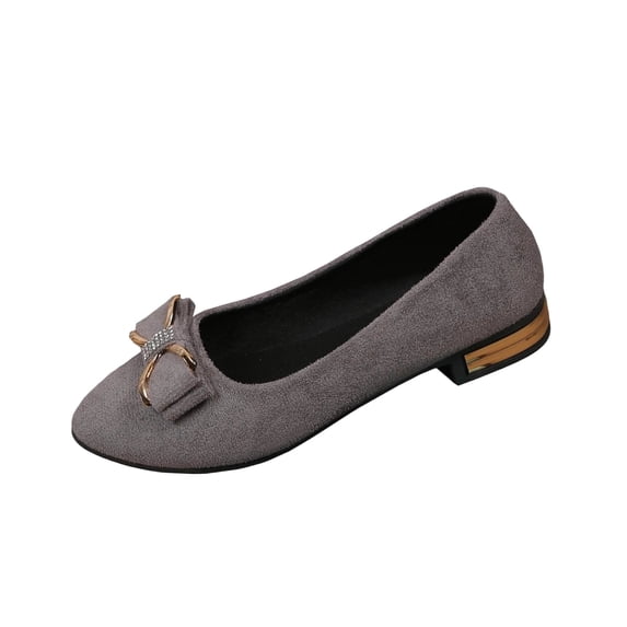 Dark Gray Low Heel Pumps For Women Pu Material British Style Embellished Metal Bow Round Toe Slip On Shoes Comfortable Spring Summer Footwear Size 43