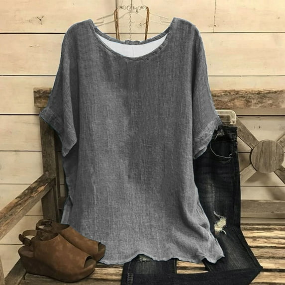 Dark Gray M WIZUTIZ Corset Tops for Women up to 50% Off Retro Holiday Beach Tunics Shirts Short Sleeve Casual Solid T-shirt Cotton Blend Round Neck Basic Tops Loose Fit Fluffy Tshirts Lightweight Lad