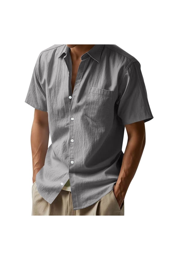 Dark Gray Man T Shirts Collared High Neck Faux Linen Tee Tops for Man Short Sleeve Casual Basic Fall Summer Tee Shirt Button 2026 Clothes Trendy Y2K L