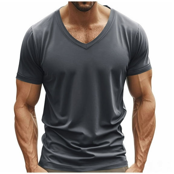 Dark Gray Mens Plain T Shirts Loose Fit Tee Tops for Man Short Sleeve V Neck Track Athletic Lounge Running Summer Fall Shirts 2025 Clothing Fashion Country Concert S