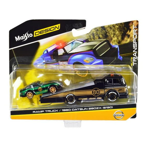 Dark Gray Metallic with Gold Metallic Stripes JDM Garage & 1980 Datsun 280ZX Green Metallic with Stripes Elite Transport Series 1 by 64 Scale Diecast Model Car for Ramp Truck No.80