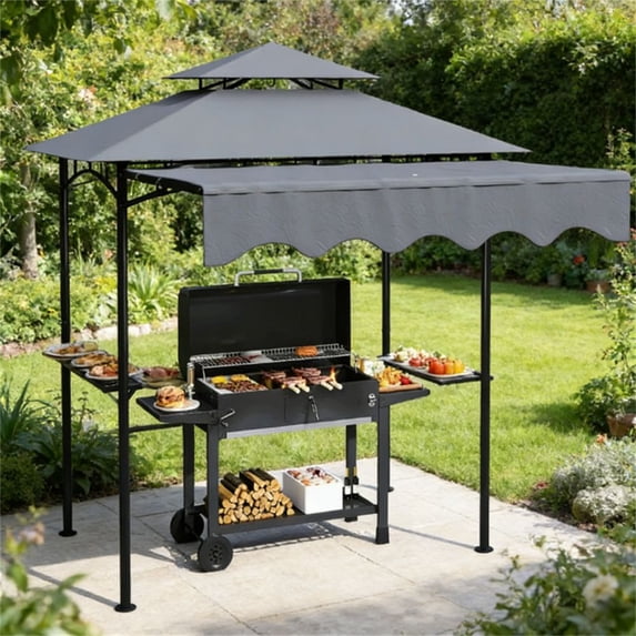 Dark Gray Outdoor Grill Gazebo BBQ Pavilion Double Top Adjustable Awning with Side Shelves and Hooks