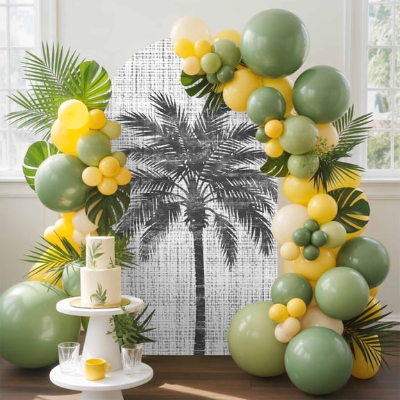 Dark Gray Palm Tree Arch Backdrop Cover, 4FT, Country Linen Texture Tropical Plant Vintage Spandex Arch Covers Double-Sided Backdrop for Wedding Birthday Party Photo Background Decoration