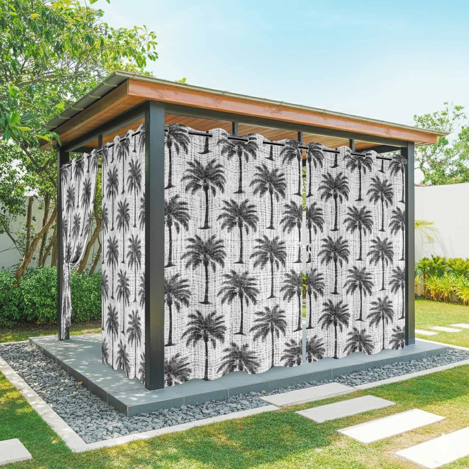 Dark Gray Palm Tree Outdoor Curtains for Patio, Country Linen Texture Tropical Plant Coastal Sunshade Privacy Drapes Grommet Waterproof Outside Curtains for Porch/Cabana/Balcony 54"x 108", 1 Panel