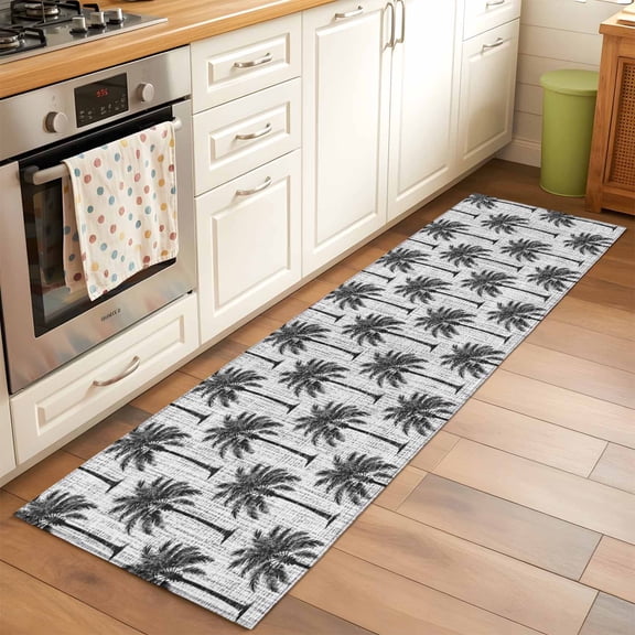 Dark Gray Palm Tree Runner Rug for Hallway 2x6ft, Country Linen Texture Tropical Plant Coastal Non Slip Floor Mat Washable Low-Profile Indoor Carpet for Living Room, Bedroom, Dining Room