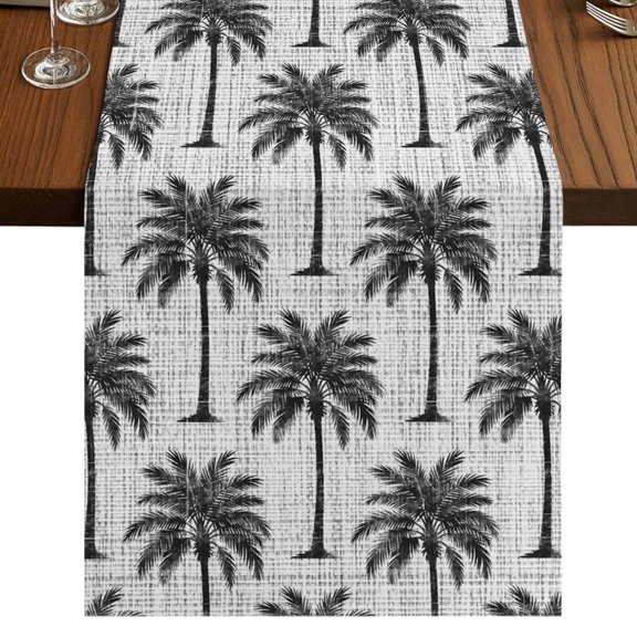 Dark Gray Palm Tree Table Runner 48 Inches Long, Country Linen Texture Tropical Plant Coastal Cotton Linen Dining Table Runner Dresser Scarves for Home Kitchen Party Decor 13"x48"