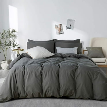 Dark Gray Plain Brushed Washed Cotton Duvet Cover Antifouled Bedding Set Ultra Soft Solid Color Quilt Cover with Pillowcases