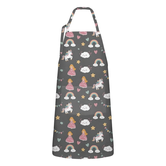 Dark Gray Princess Unicorn Cloud Pattern Apron-Garden Aprons for Women with Pockets-Cotton Linen Waterproof Kitchen Cooking Gardening Aprons Adjustable for Kitchen,Cooking,BBQ and Salon 33x27 Inch