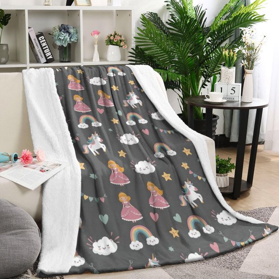 Dark Gray Princess Unicorn Cloud Pattern Blanket,Comfortable Soft Flannel Throw Blanket,All Season,Warm Lightweight Blankets for Sofa Bed Couch Living Room Chair,60"x80"