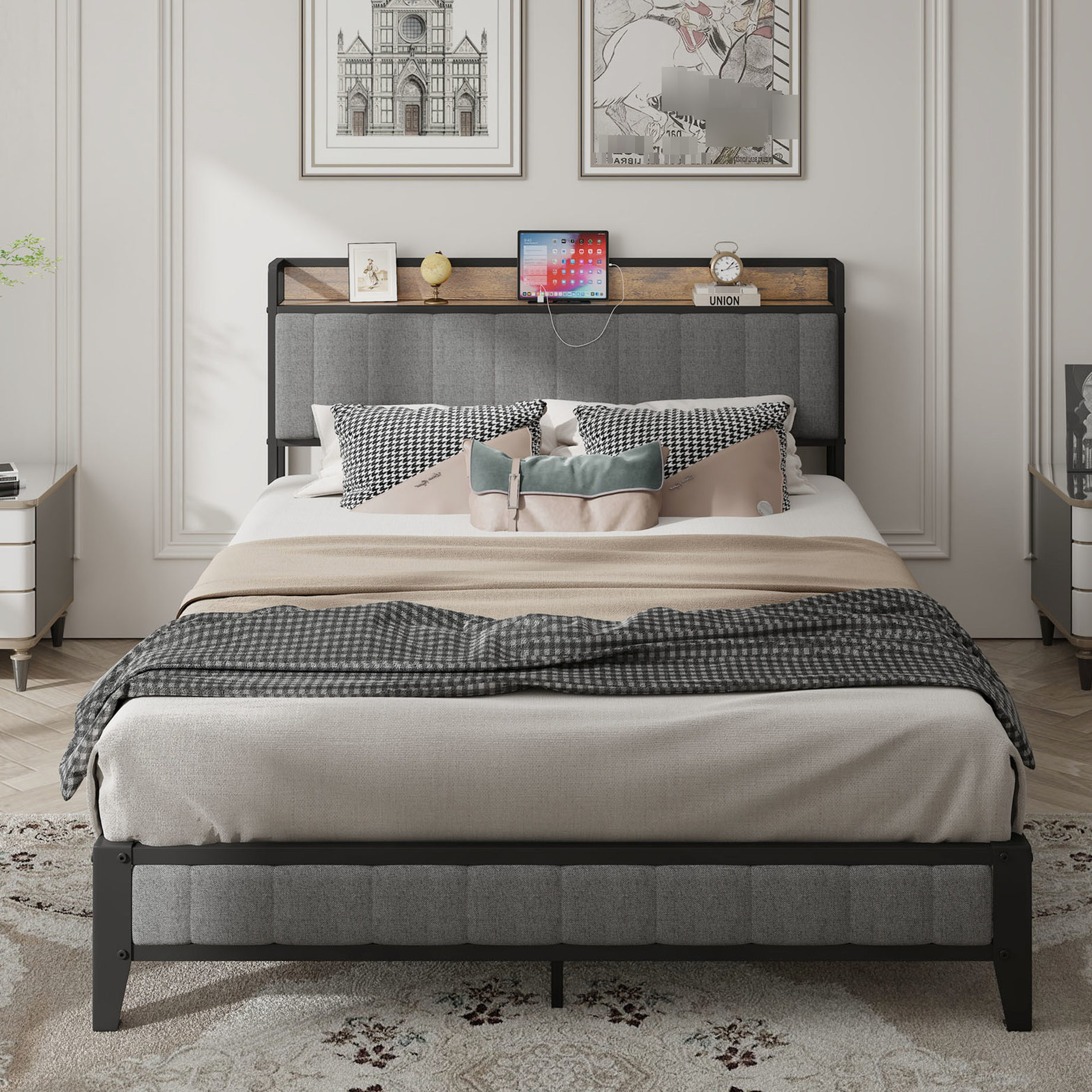 Dark Gray Queen Bed Frame - Upholstered Headboard & Metal With Charging Size Station Headboard, Platform, Color