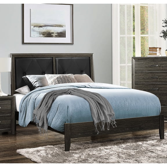 Dark Gray Queen Bed With Cozy Button- Faux Leather Headboard And Wood Frame Construction Bedroom Furniture: Fashionable For A Serene