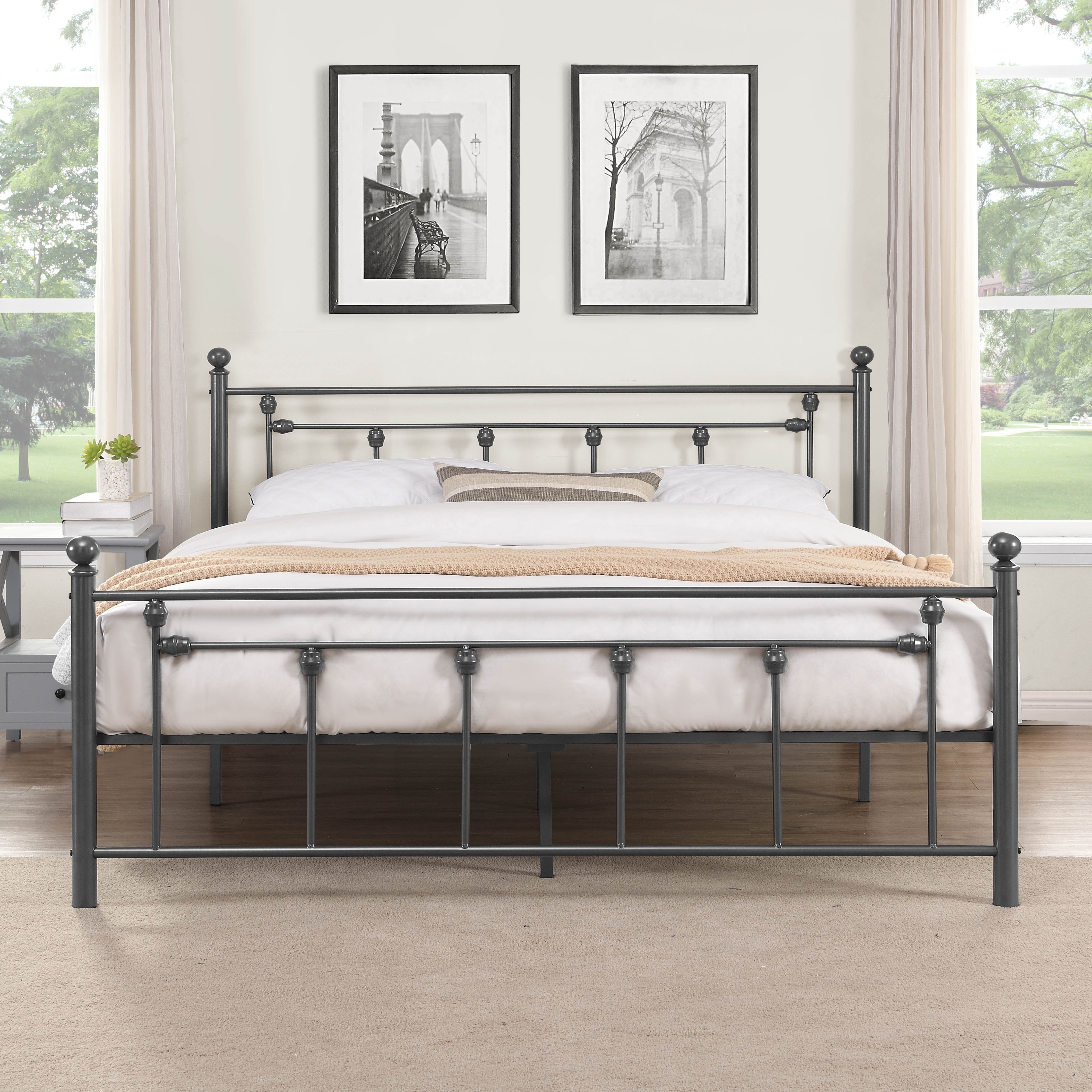Dark Gray Queen Victorian Style Metal Platform Bed (Fully Slated)