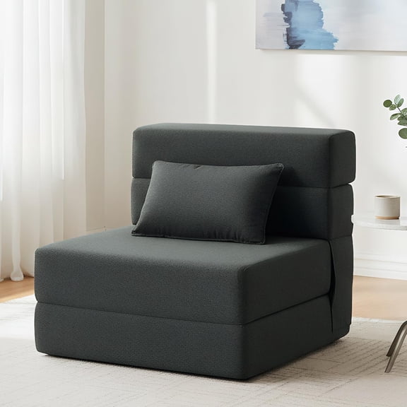 Dark Gray Single Convertible Sleeper Chair Linen Futon for Home Dorm Apartment RV Living Room