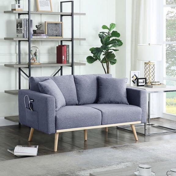 Dark Gray Sofa with Charging Ports and Trim / Comfortable Seating with Solid Wood Structure