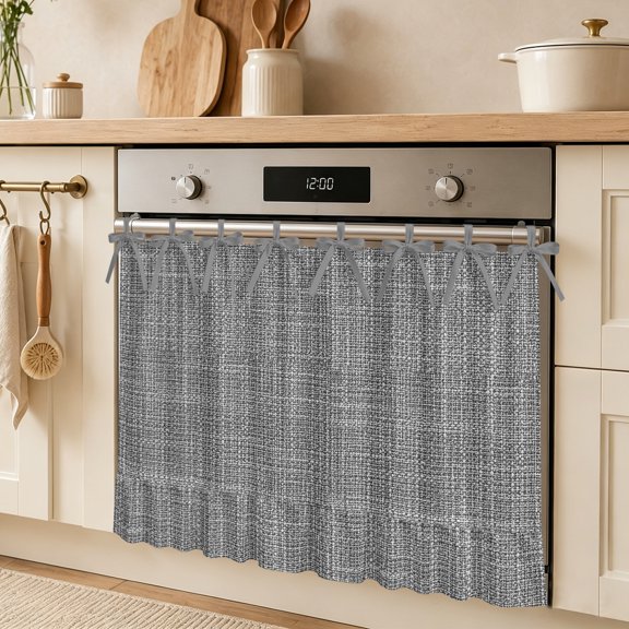 Dark Gray Solid Oven Skirt Curtain for Door Minimalist Cloth Cool Gray Linen Texture Industrial Stove Cover with Ruffled Trim & Ribbon Ties, Appliance Cover for Dishwasher Cabinet 32x24 Inch