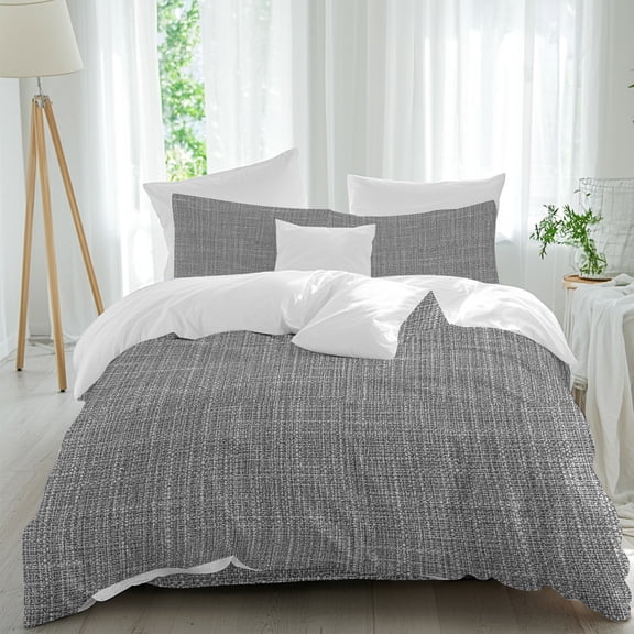 Dark Gray Solid Queen Duvet Cover Set, Minimalist Cloth Cool Gray Linen Texture Industrial 4 Piece Microfiber Bedding Set with Zipper Closure, Bed Sheet and 2 Pillow Shams, Soft Bedding Cover