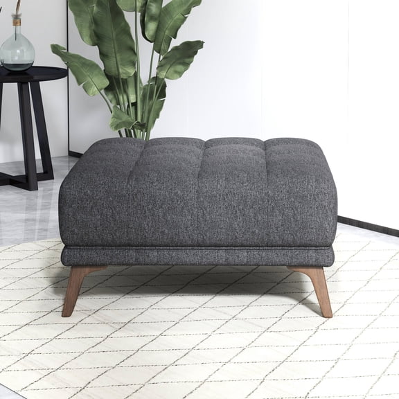 Dark Gray Square Ottoman for Coffee and Rest | In Living Room Scenarios | Linen Upholstery and Solid Wood Legs | Solves Problem of Limited Function