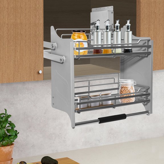 Dark Gray Stainless Steel Iron 56.2x28x56cm Cabinet Lifting Basket Kitchen Hanging Cabinet Push-Pull Storage Rack