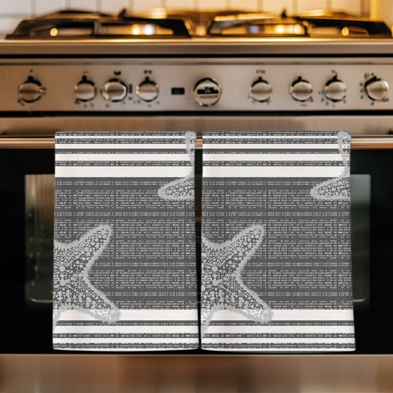 Dark Gray Starfish Kitchen Towels Set of 4, Coastal Summer Beach Ocean Striped Absorbent Dish Towels for Kitchen, Microfiber Hand Towel, Quick Drying Tea Towel for Cleaning Decorative Dishcloths