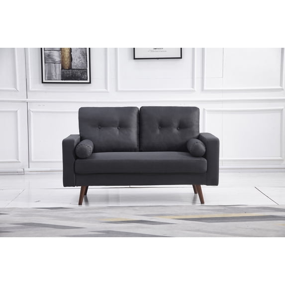 Dark Gray Stationary Fabric Tufted Back Loveseat with Arm Pillows