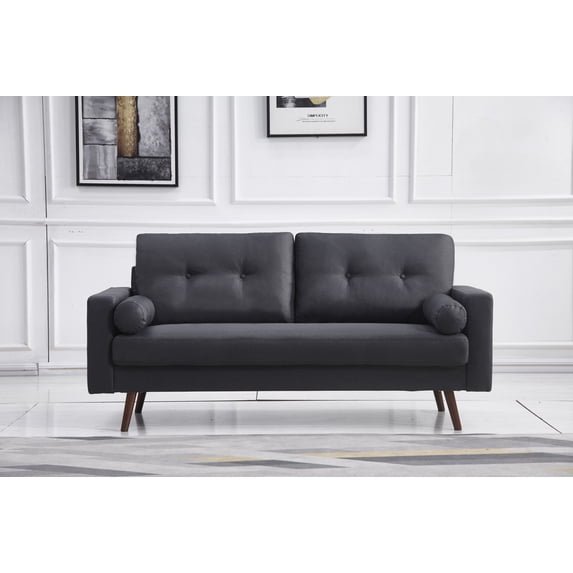 Dark Gray Stationary Fabric Tufted Back Sofa with Arm Pillows