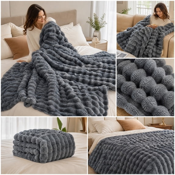 Dark Gray Striped Faux Fur Throw Blanket for Couch, Cozy Soft and Fuzzy Plush Rabbit Fur Bubble Blanket for Sofa Bedroom Living Room, 47.2x83 Inches Light