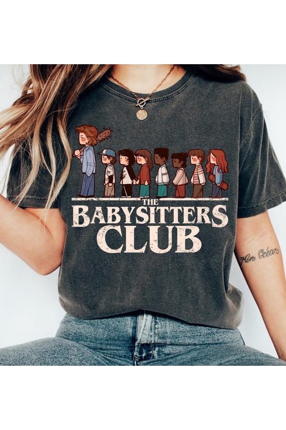 Dark Gray T-Shirt with Cartoon Characters from The Babysitters Club, Distressed Text Design, Fun Graphic Tee
