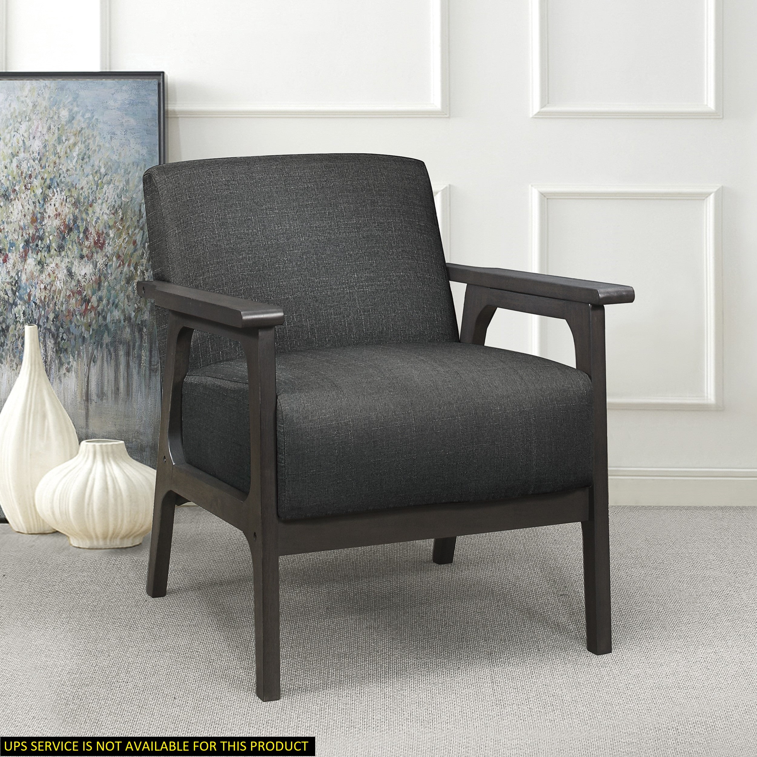 Dark Gray Textured Fabric Accent Chair with Solid Rubberwood Frame