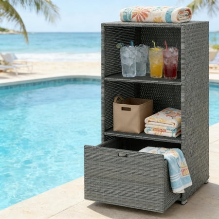 Dark Gray Towel Rack PE Rattan 2 Upper Storage Shelves Bottom Drawer Water Resistant Steel Frame
