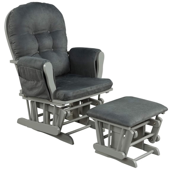 Dark Gray Tufted Glider Rocking Chair With Ottoman, Solid Wood Frame