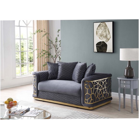 Dark Gray Upholstered Loveseat Sofa with Art Deco Design for Modern Living Room