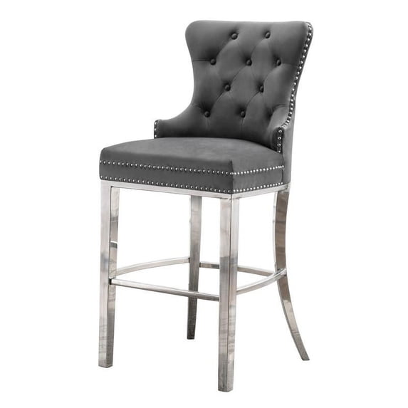 Dark Gray Velvet Barstool 29" with Silver Stainless Steel (Single)