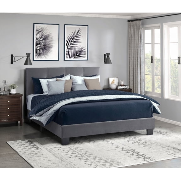 Dark Gray Velvet Covered Full Platform Bed Made of Solid Wood & with Adjustable Headboard