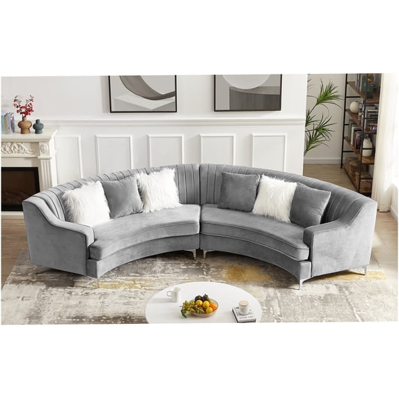 Dark Gray Velvet Curved Sofa, Modern Upholstered Living Room Couch with ...