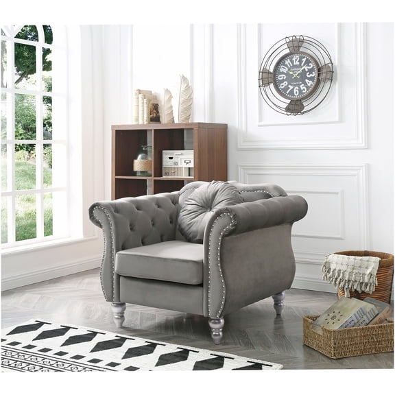 Dark Gray Velvet Transitional Chair with Flared Arms for Living Room or Office