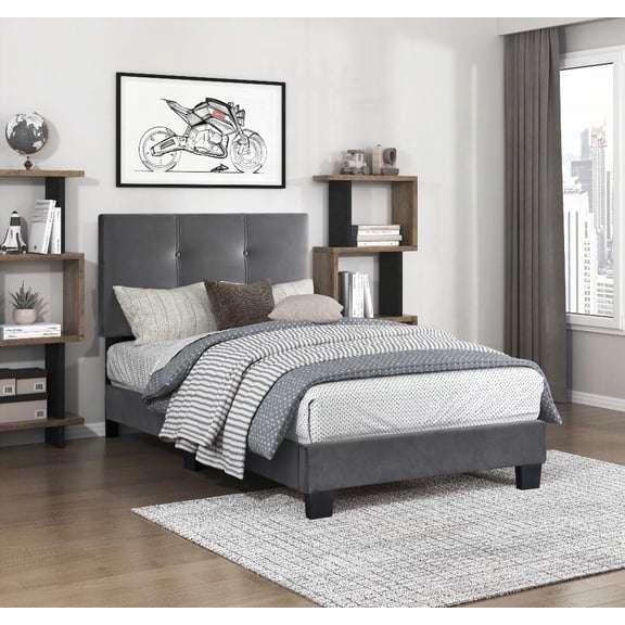 Dark Gray Velvet Upholstered 1pc Twin Platform Bed, Solid Wood, Adjustable Height Headboard with Button Tufting