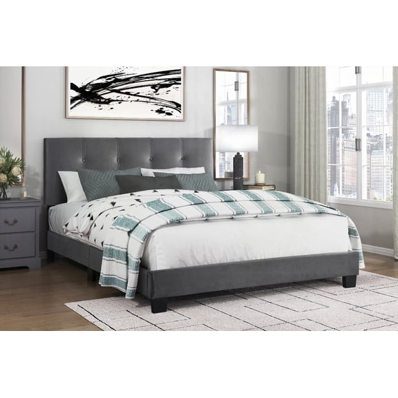 Dark Gray Velvet Upholstered Queen Platform Bed - Solid Wood Frame & Adjustable Headboard