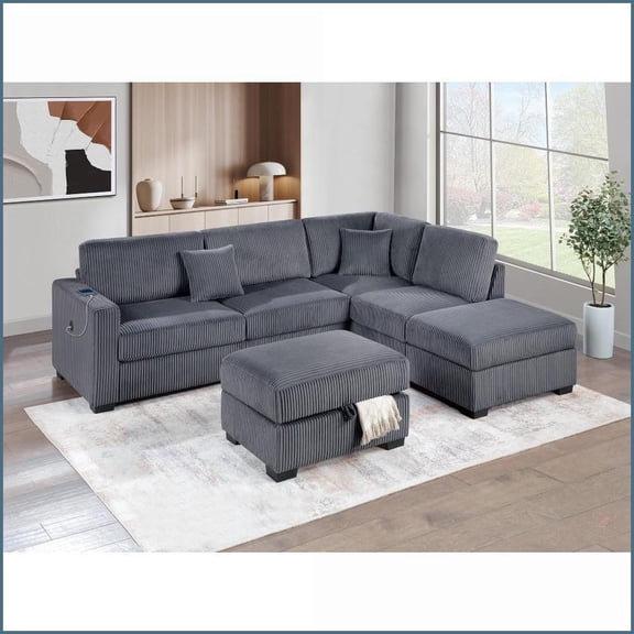 Dark Gray Wide-Welt Corduroy 3-Piece L-Shaped Sectional Sofa with Reversible Chaise, USB & Storage Ottoman | Dark Gray | Corduroy | Cushion Back