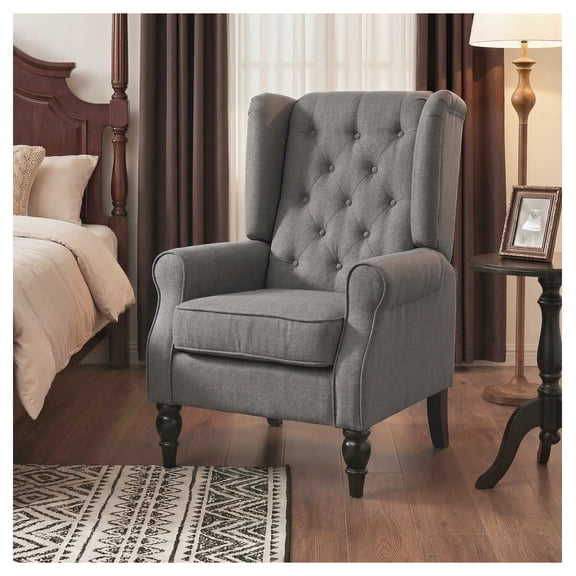 Dark Gray Wingback Accent Chair, Button Tufted Lounge Chair with Wood Legs, Living Room Chair