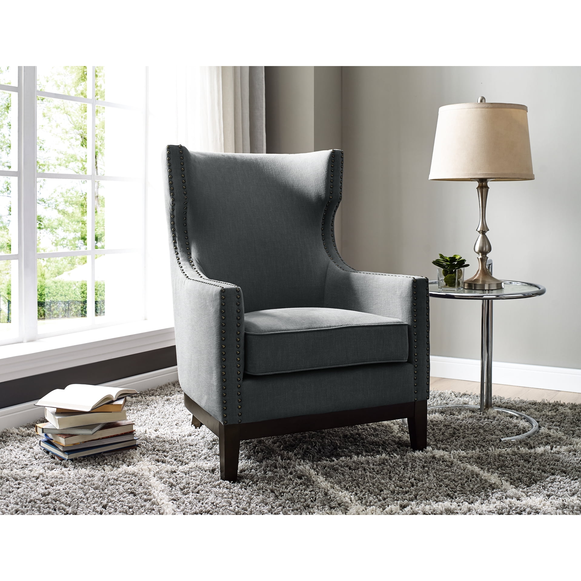 Dark Gray Wingback Chair - Linen. Solid Wood, Plywood Structure & Oak ...