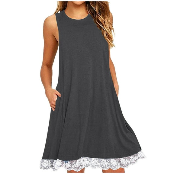 Dark Gray Womens Basic Midi Knee High Loose Fit Dresses for Ladies Sleeveless Crewneck Lace Casual Fall Summer Dresses 2025 Clothes Trendy Country Concert L