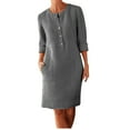 thumbnail image 1 of Dark Gray Womens Long Sleeve Loose Fit Dresses for Ladies Crew Neck Faux Linen Brunch Thin Plain Midi Knee Length Summer Fall Button 2025 Clothing Country Concert Y2K 5XL, 1 of 4