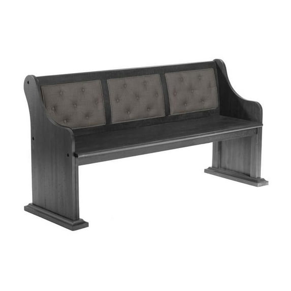 Dark Gray Wood Dining Bench with Gray Linen Tufted Seat Back