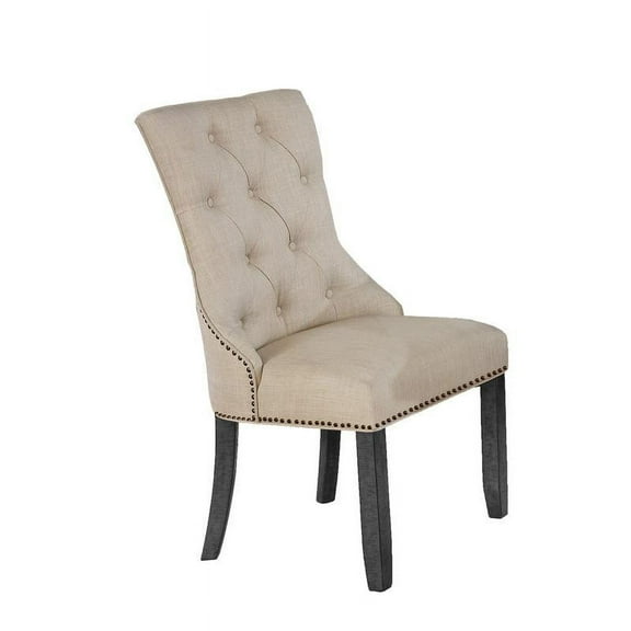 Dark Gray Wood Dining Chair Upholstered with Beige Linen Fabric (Single)
