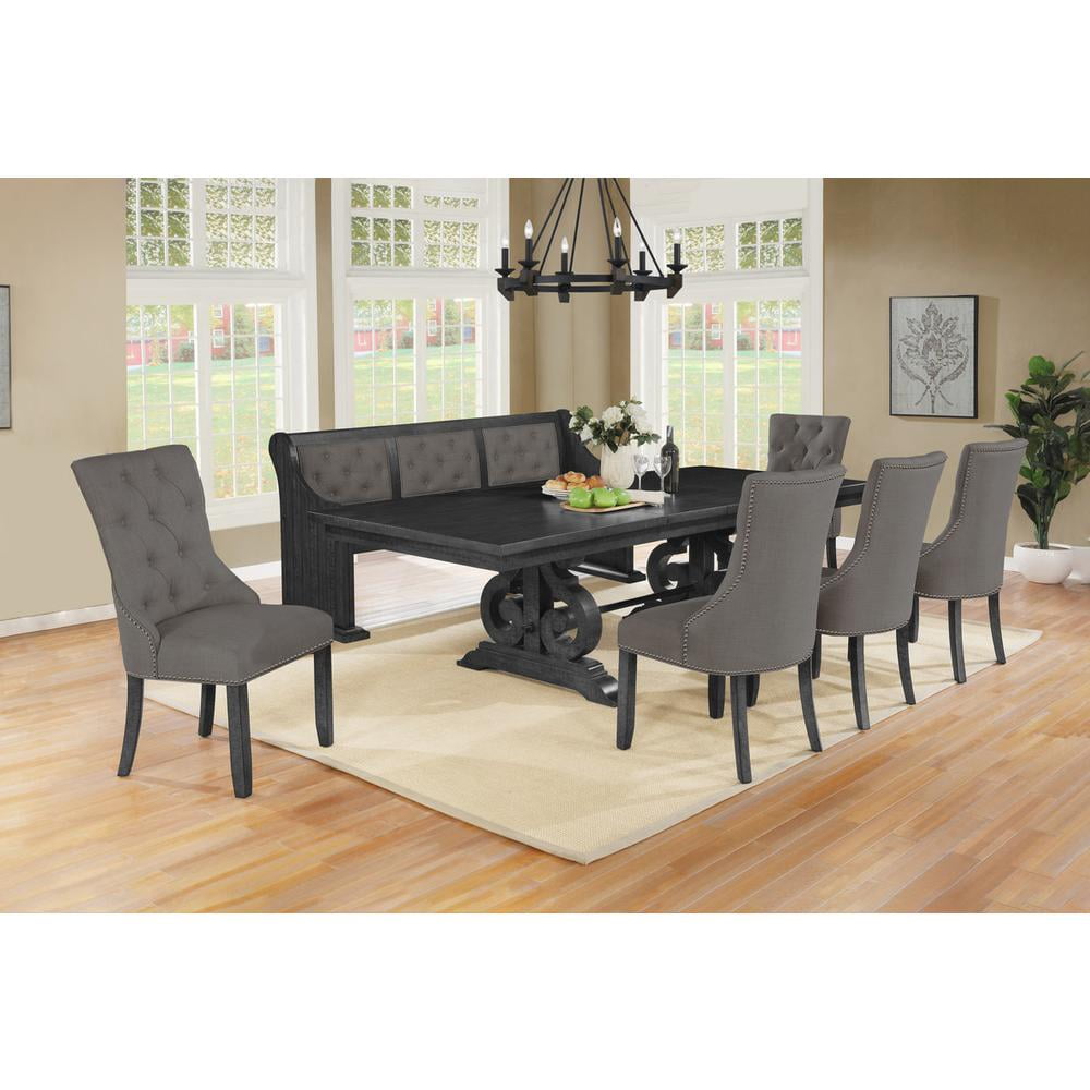 Dark Gray Wood Extendable Dining Set with Gray Linen Chairs and Bench