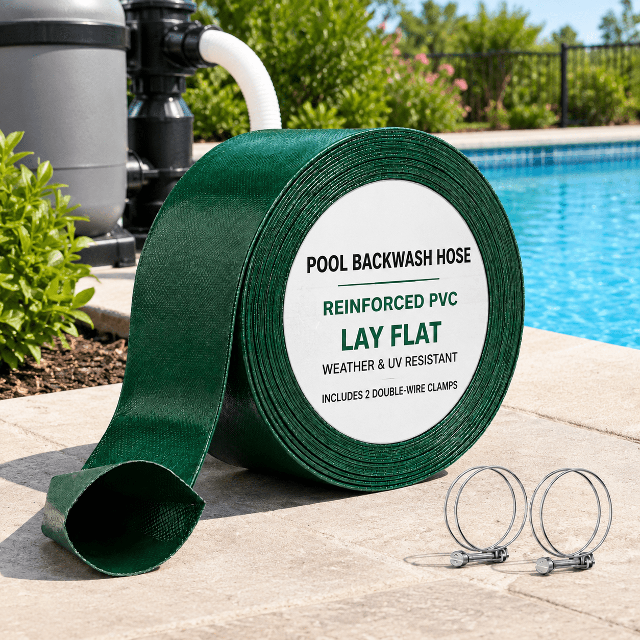 Dark Green 1.5 INCH x 50 FT Heavy Duty 3-Layer PVC Lay Flat Pool Hose ...